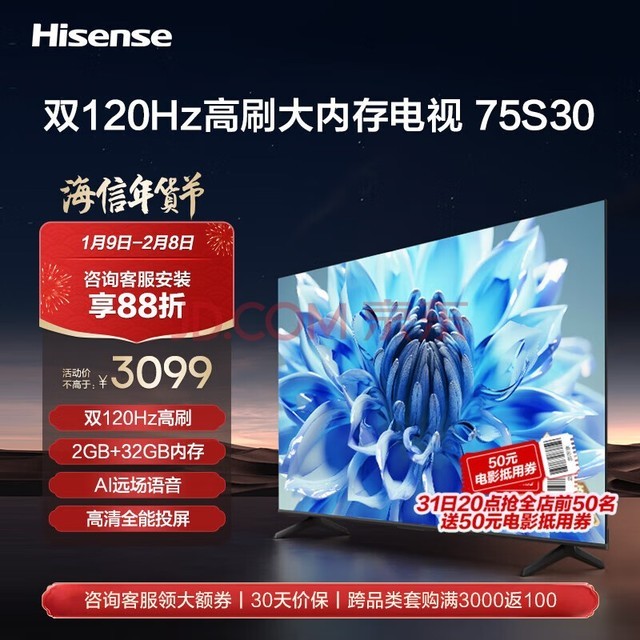 海信电视75S30 75英寸电视 4K超高清 120Hz MEMC防抖 2+32GB AI远场语音智慧屏智能液晶平板电视机 75英寸 75S30